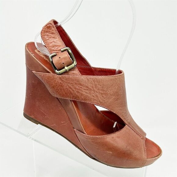 Chocolat Blu Women's Pink Red Leather Slingback Wedge Sandals Size 6.5 Peep Toe - Picture 1 of 13